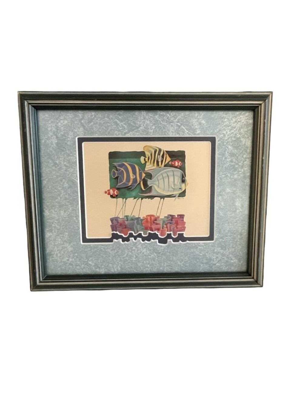 Vintage Framed Tropical Fish Print Signed Illegible Artist 9x11 Coastal Art